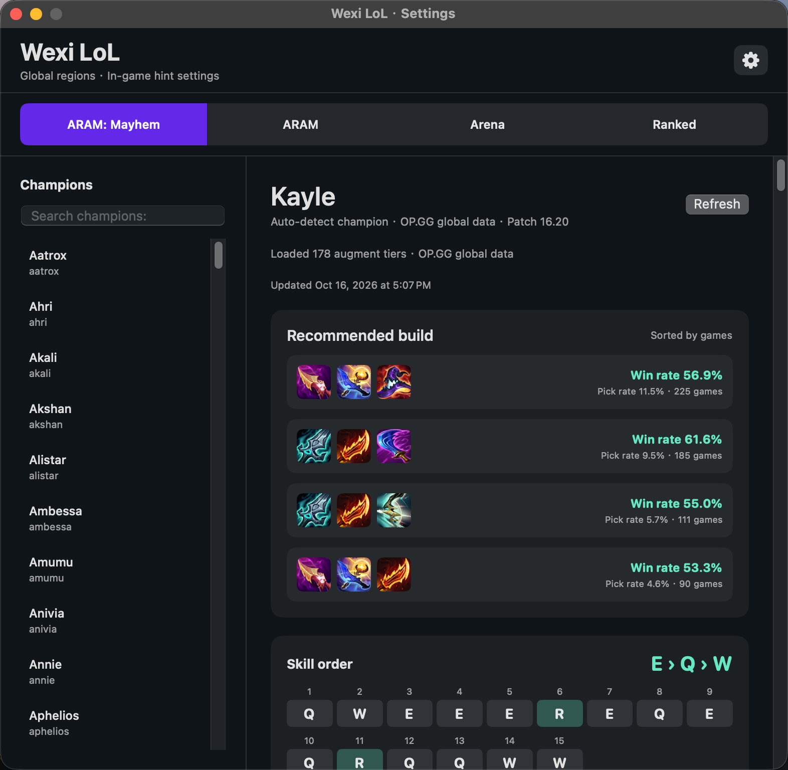 Wexi LoL showing ARAM, Arena and Ranked guides with recommended item builds and win rates